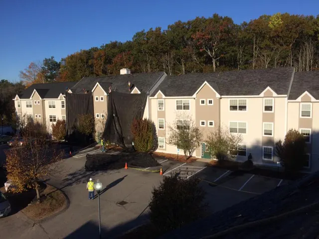 Apartment buildings with new roofing