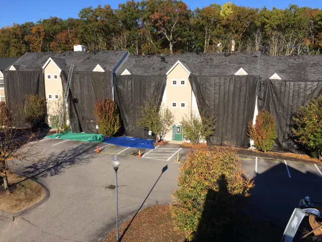 Aerial view of an apartment complex re-roof